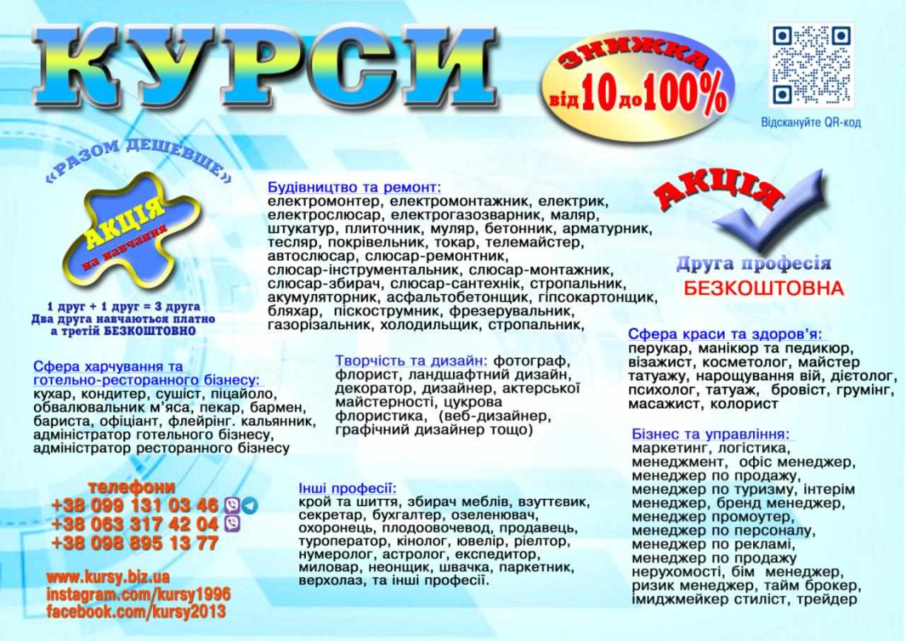 Курси кухаря, електрика, зварника, слюсаря, маляра